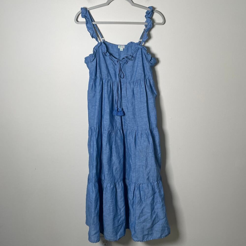 J.Crew Linen Cotton Tiered Maxi Dress Coastal Beach Boho Chambray Blue Ruffle S